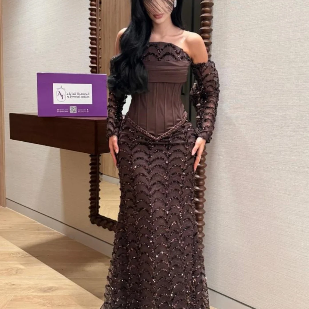 Brown Strapless Prom Dress Detachable Lace Long Sleeve Sequin Mermaid Corset robes de soirée Elegant – Image 2