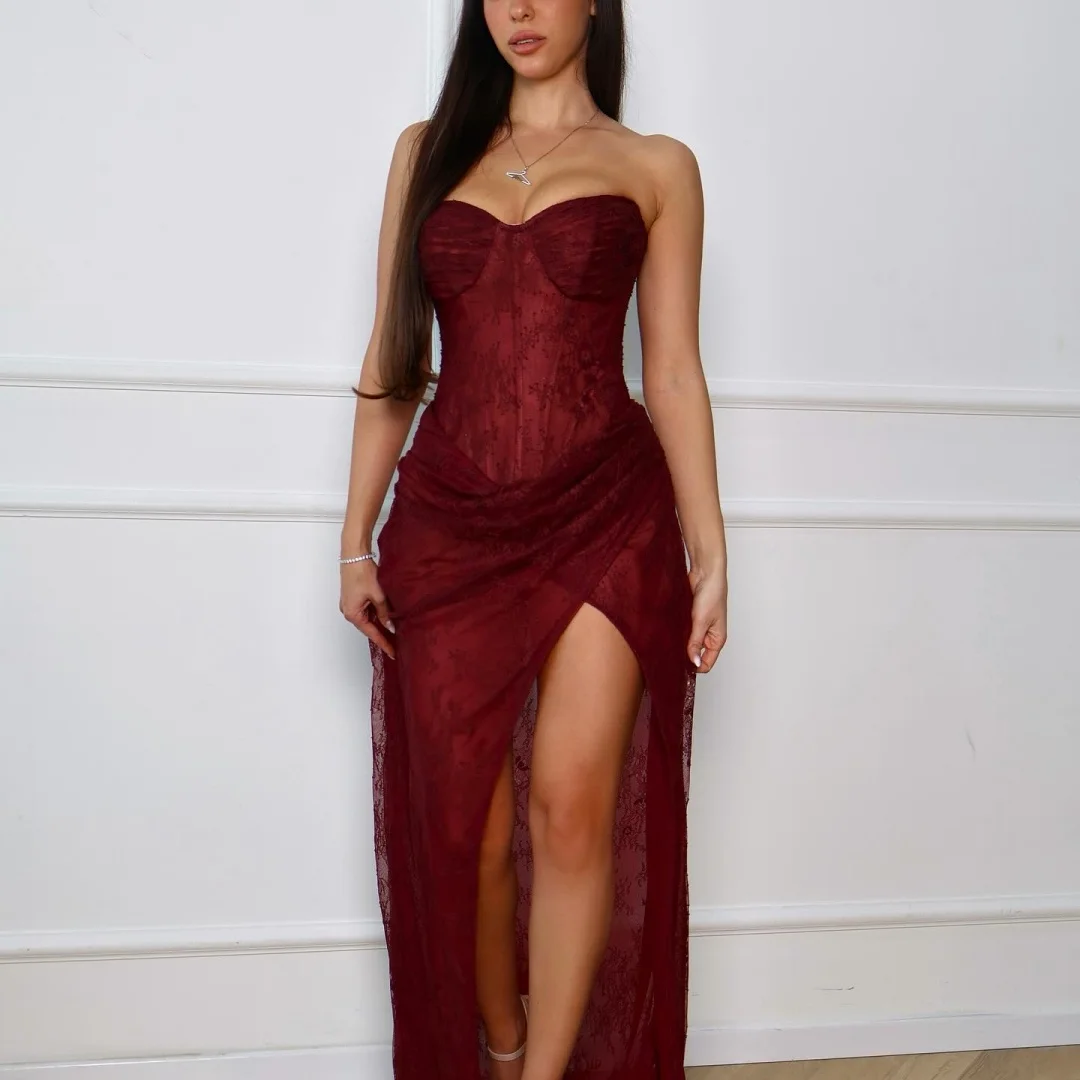 Burgundy Strapless Prom Dress with Sheer Lace Corset – Image 6