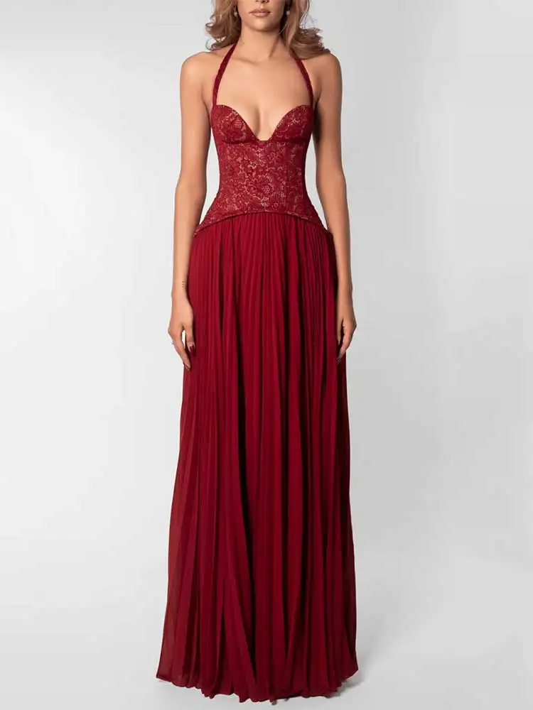 GACVGA Elegant Corset Halter Pleated Maxi Dress Women Back Lace-up Patchwork Slim Lady Gown Club Party Evening Long Dress – Image 3