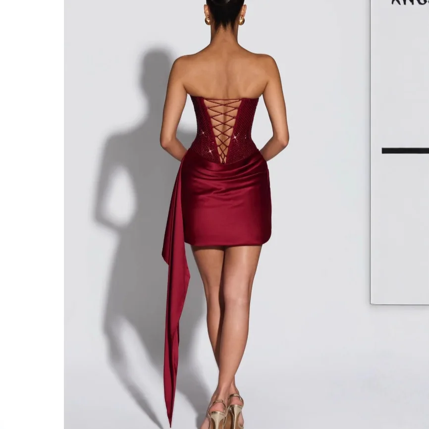 Strapless Dress Corset Vestidos Sexy Red Satin Draped Dress Mini – Image 13