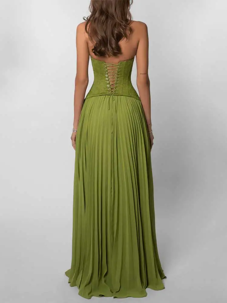 GACVGA Elegant Corset Halter Pleated Maxi Dress Women Back Lace-up Patchwork Slim Lady Gown Club Party Evening Long Dress – Image 6