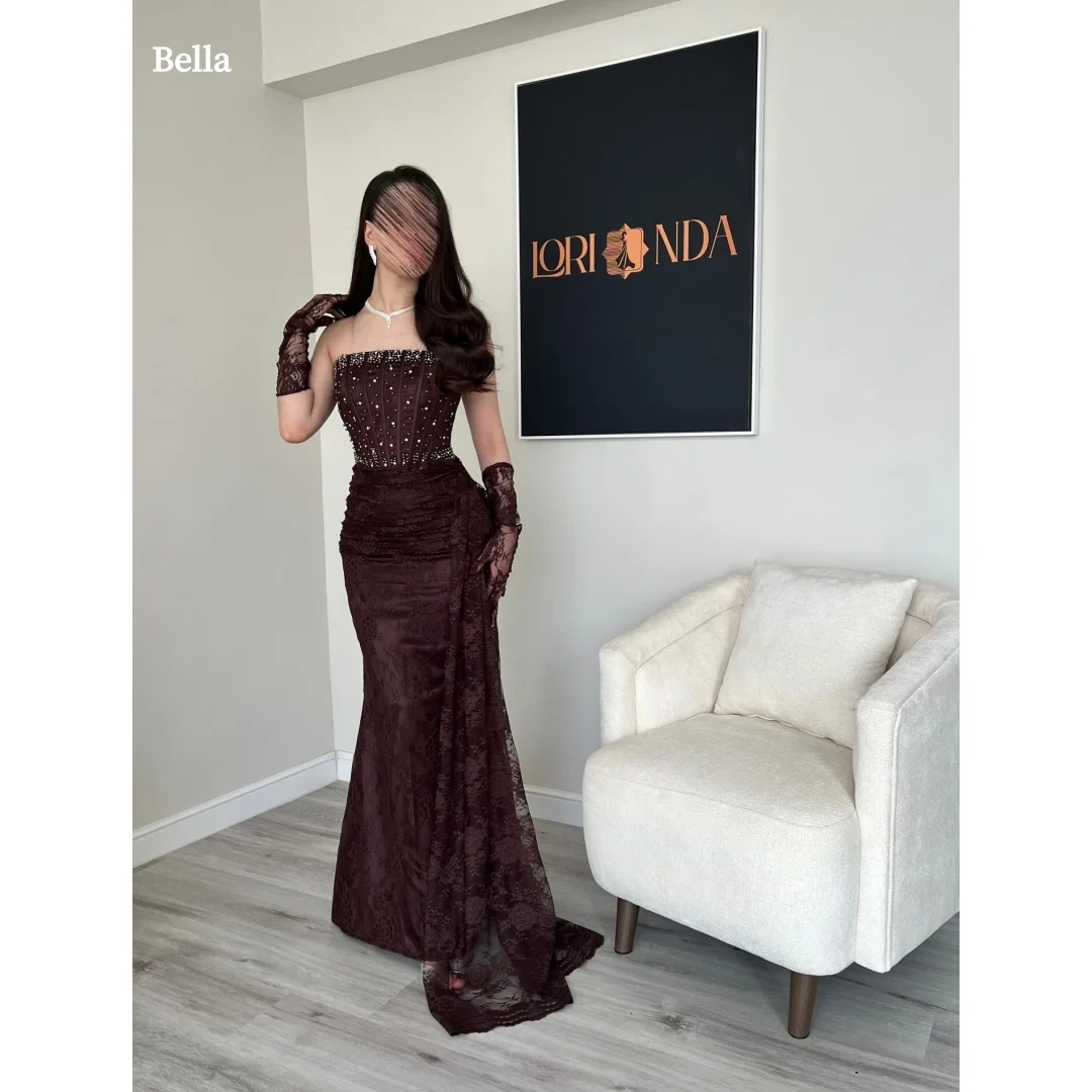 Burgundy Strapless Beaded Bustier robes de soirée Lace
