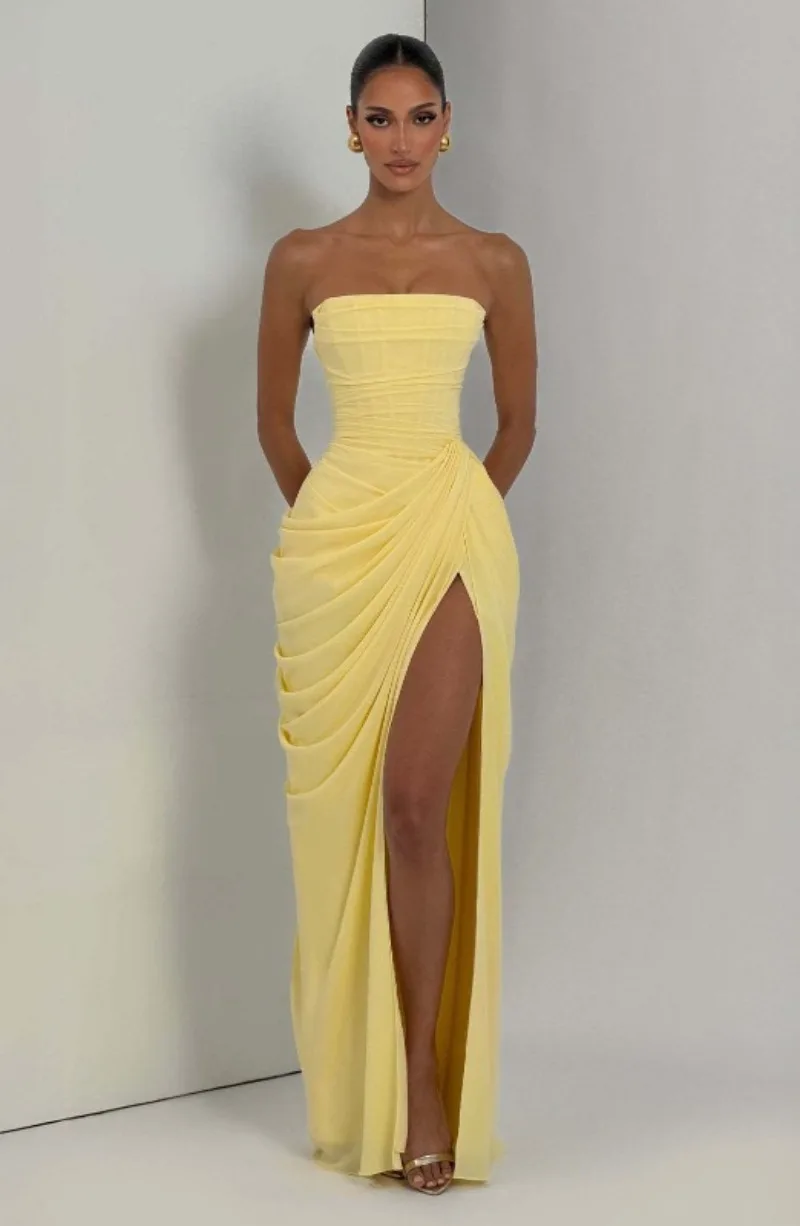 Strapless Maxi Robe Women Ruched Waist High Thigh Slit Chic Flowy Dress Romantic Party Fashion Unique Vestido New – Image 30