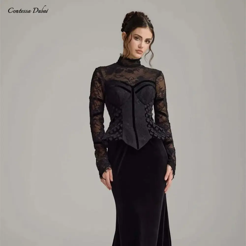 dress prom dress formal gown wedding guest dress Elegant Highneck Lace Long Sleeve Corset – Image 4