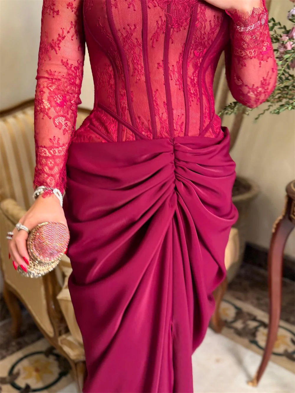 Contessa Custom Burgundy Lace Corset Evening Dress Crepe Mermaid Prom Dresses Ruched Vestidos De Noche Elegant Formal Evening – Image 4