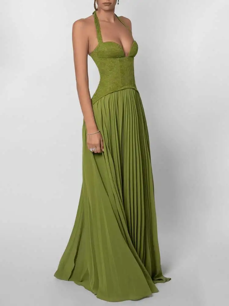 GACVGA Elegant Corset Halter Pleated Maxi Dress Women Back Lace-up Patchwork Slim Lady Gown Club Party Evening Long Dress – Image 5