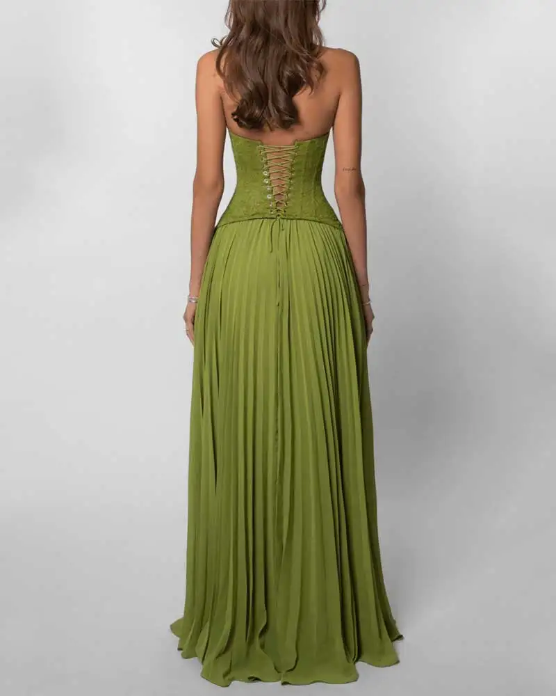 GACVGA Elegant Corset Halter Pleated Maxi Dress Women Back Lace-up Patchwork Slim Lady Gown Club Party Evening Long Dress – Image 13