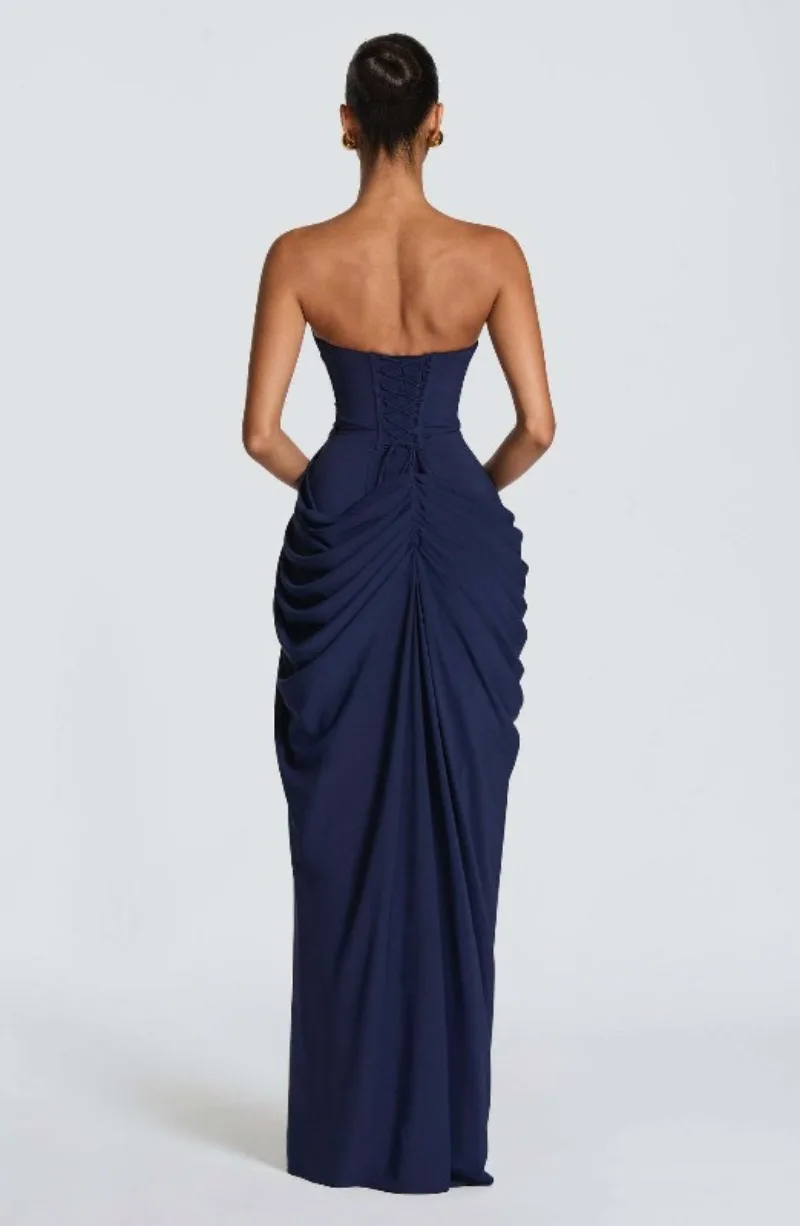 Strapless Maxi Robe Women Ruched Waist High Thigh Slit Chic Flowy Dress Romantic Party Fashion Unique Vestido New – Image 43
