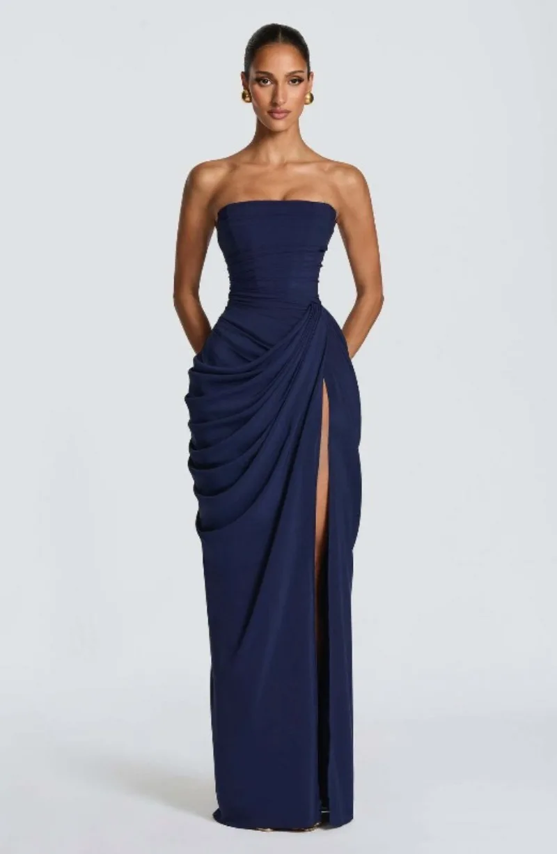 Strapless Maxi Robe Women Ruched Waist High Thigh Slit Chic Flowy Dress Romantic Party Fashion Unique Vestido New – Image 40