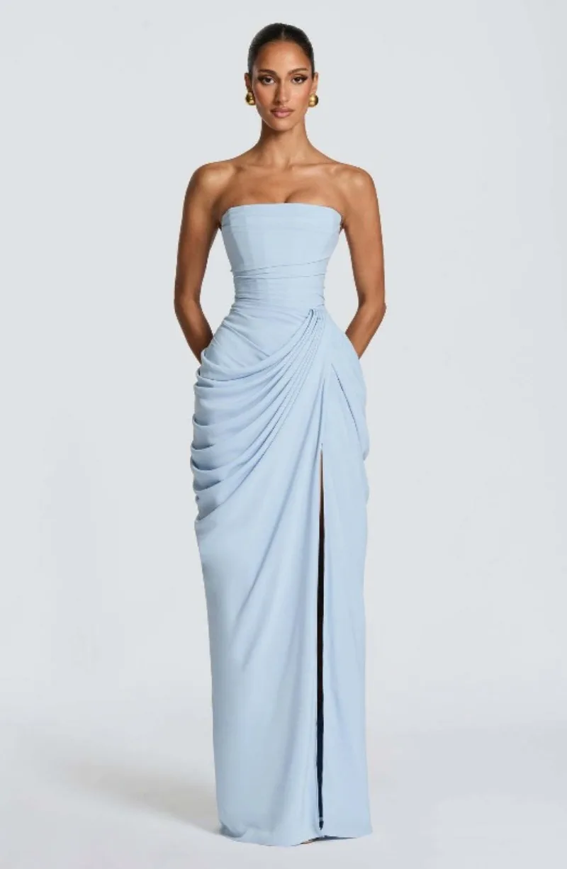 Strapless Maxi Robe Women Ruched Waist High Thigh Slit Chic Flowy Dress Romantic Party Fashion Unique Vestido New – Image 36