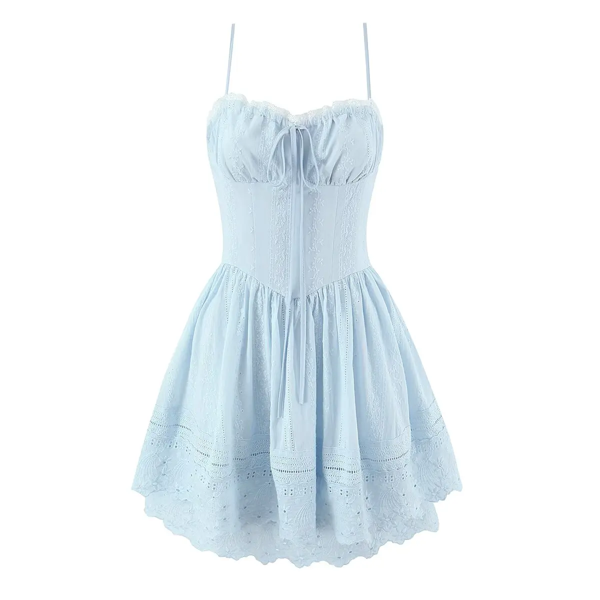 Sexy Pretty Girls Floral Embroidery Sling Mini Dresses Women Vacation Party Summer Dress Cotton White Blue Corset Sundress – Image 3