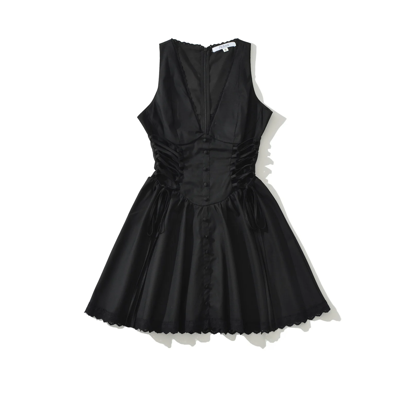 Sleeveless Mini Dress V Neck Lace Trim Side Corset Tie Flared Skater Short Dresses – Image 21