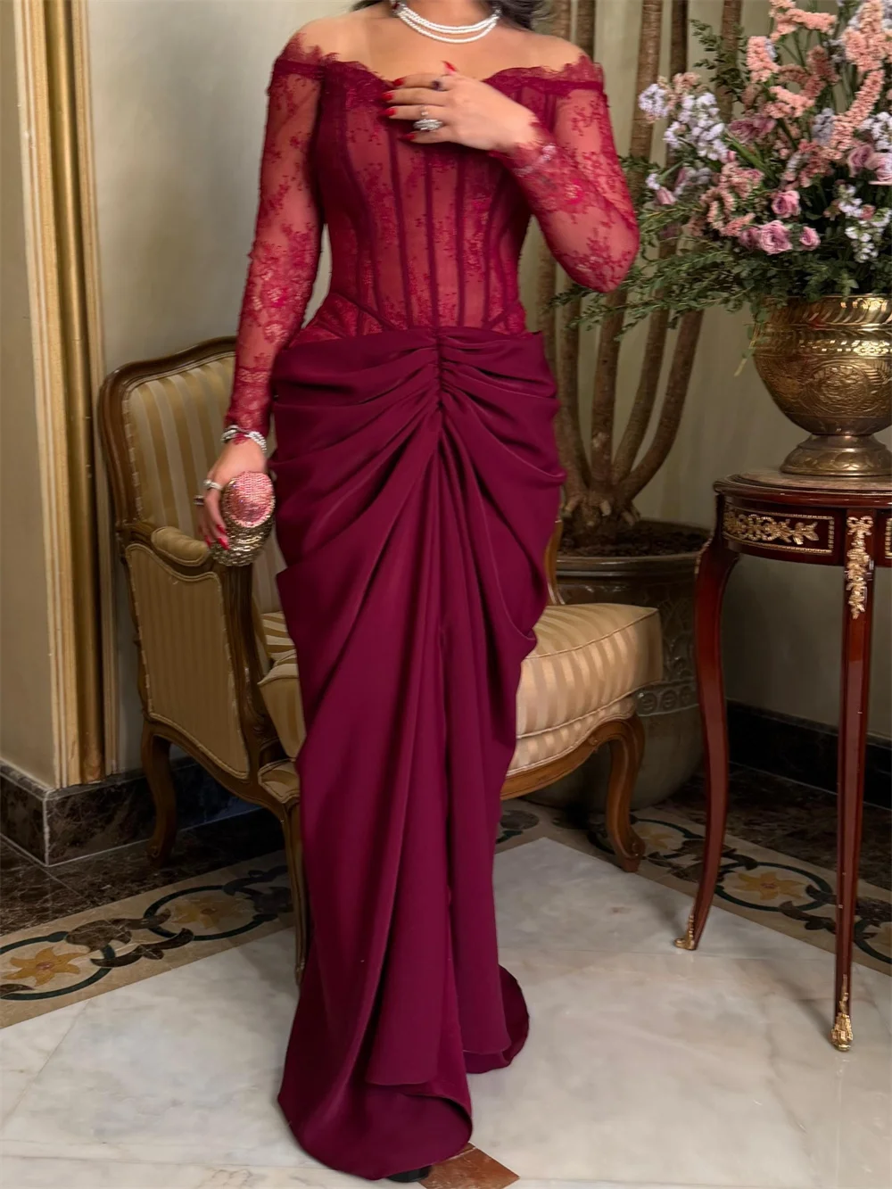 Contessa Custom Burgundy Lace Corset Evening Dress Crepe Mermaid Prom Dresses Ruched Vestidos De Noche Elegant Formal Evening – Image 3