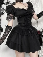 Gothic Dress Women Y2k E-girl Aesthetic Fairycore Grunge Lace Patchwork Puff Sleeve Bandage Corset Dress Female
