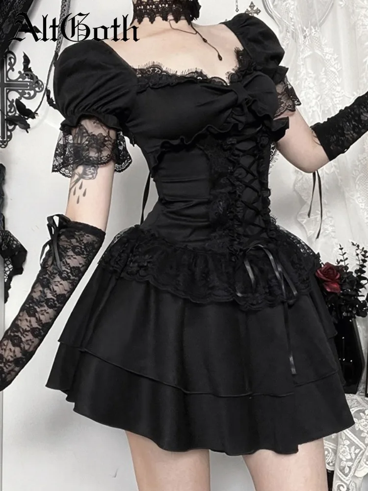 Gothic Dress Women Y2k E-girl Aesthetic Fairycore Grunge Lace Patchwork Puff Sleeve Bandage Corset Dress Female