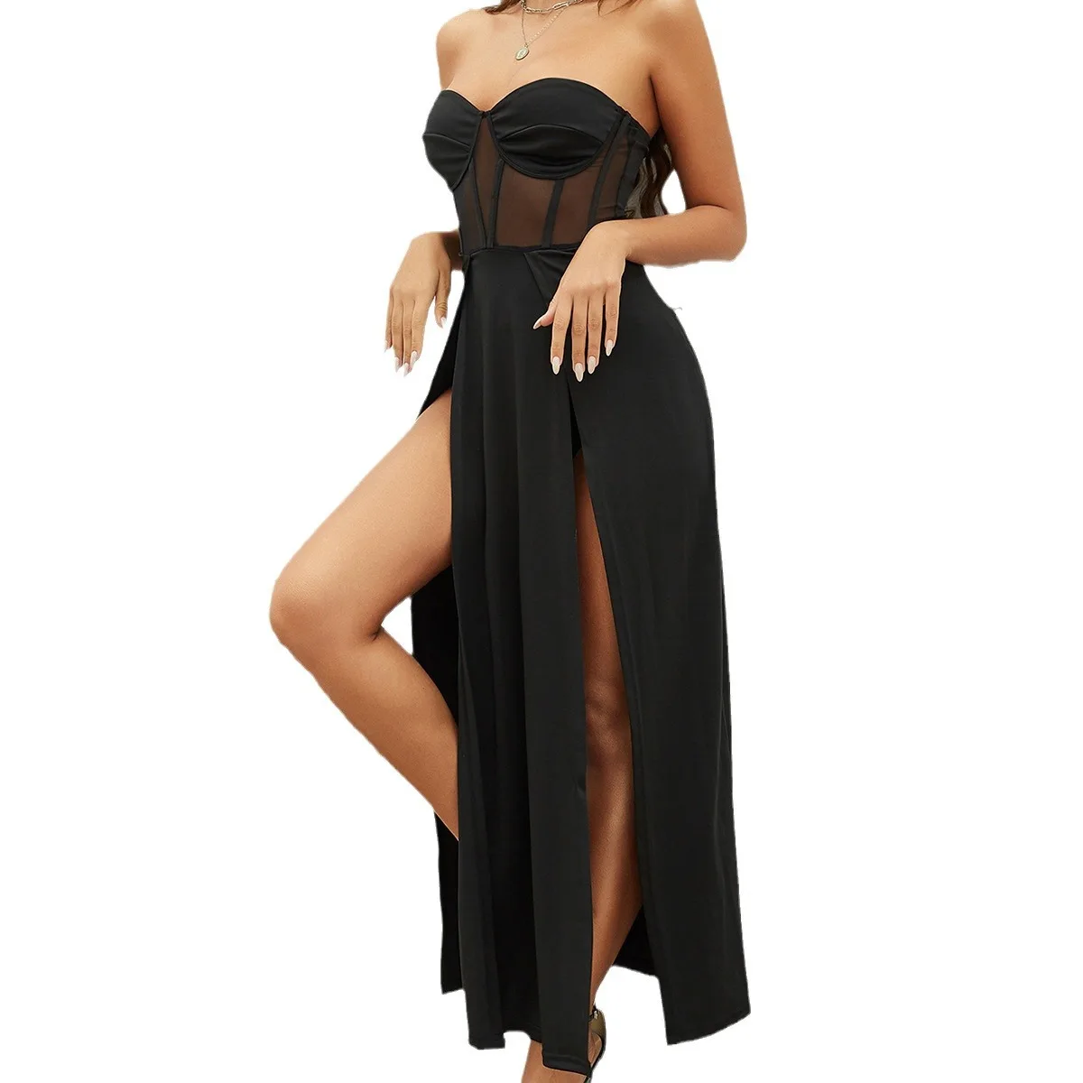 Dress Women Elegant Fashion New Women's Corset Bustier Dress with Mesh Panels Waist-Cinching Bodycon High-Slit Gown – Image 5