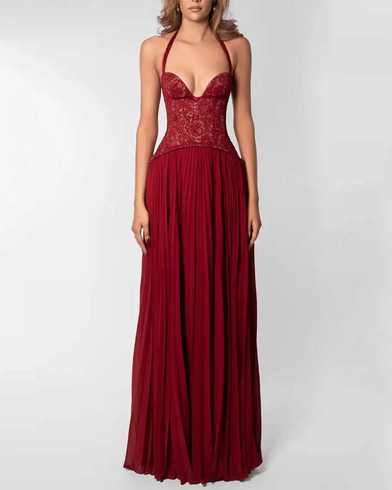 GACVGA Elegant Corset Halter Pleated Maxi Dress Women Back Lace-up Patchwork Slim Lady Gown Club Party Evening Long Dress – Image 8