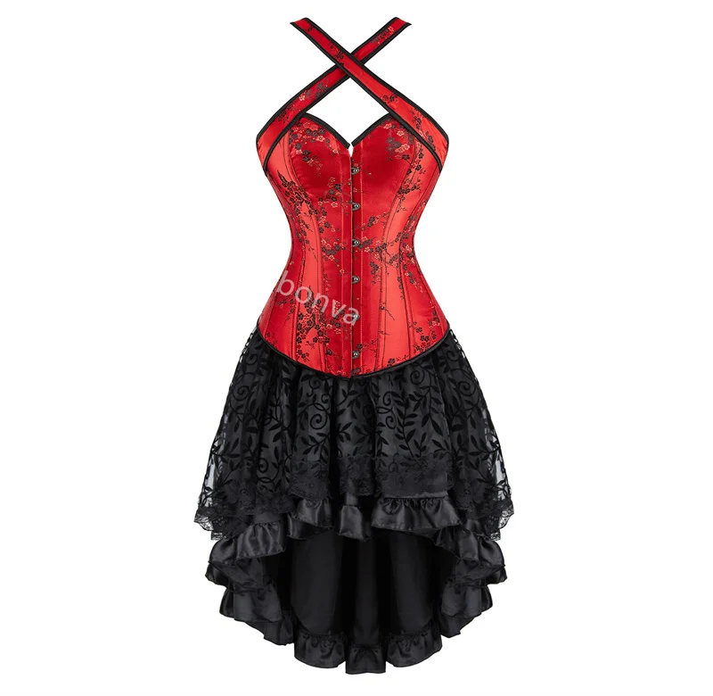 Black Corset Dress Women Tutu Skrit Set Halter Lace Costume Party Sexy Burlesque Halloween Ladies Basques Outfit Plus Size Red – Image 3