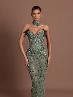 Formal Bodycon V Neck Evening Dress Dazzling Crystals Beaded Customized Cocktail Gown With Slit Opulent Corset Bow Party Wear