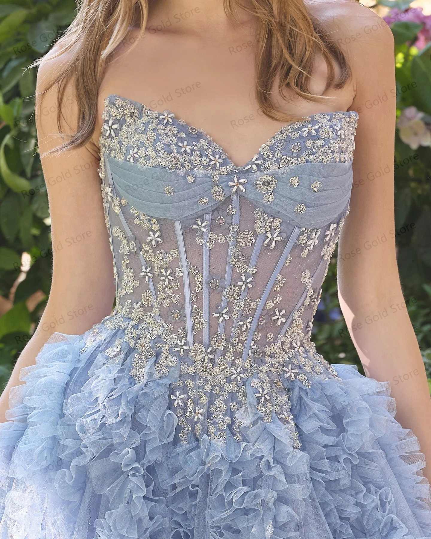 Blue Evening Dresses Tiered Ruffles Corset Party Dress Sweetheart Rhinestones Prom Gown – Image 2