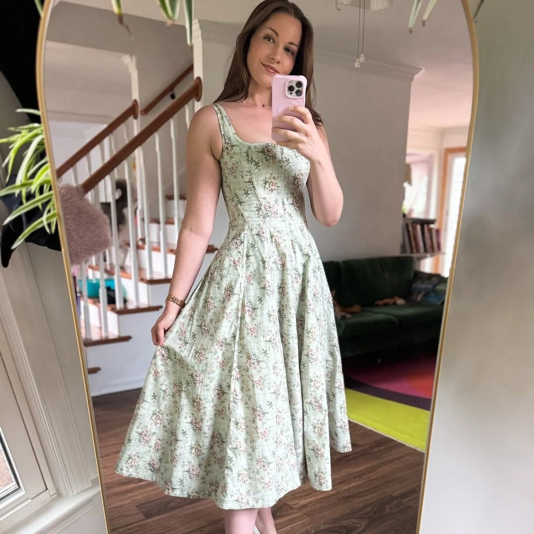 Midi Dress Lace Up Floral Print Dress Women Sexy Corset Dress – Image 6