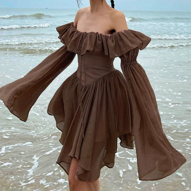 Corset Dress Brown Flare Long Sleeve Mini Dresses Vacation Short – Image 4