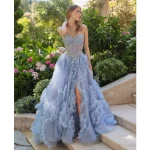 Blue Evening Dresses Tiered Ruffles Corset Party Dress Sweetheart Rhinestones Prom Gown