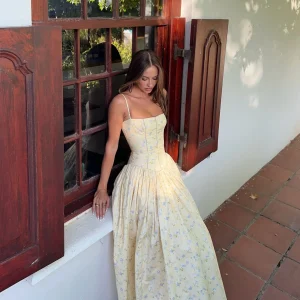 Long Floral Print Spaghetti Strap Maxi Dress Summer Elegant Lace Up Dress Flowy Holiday Party Beach Wear Dress