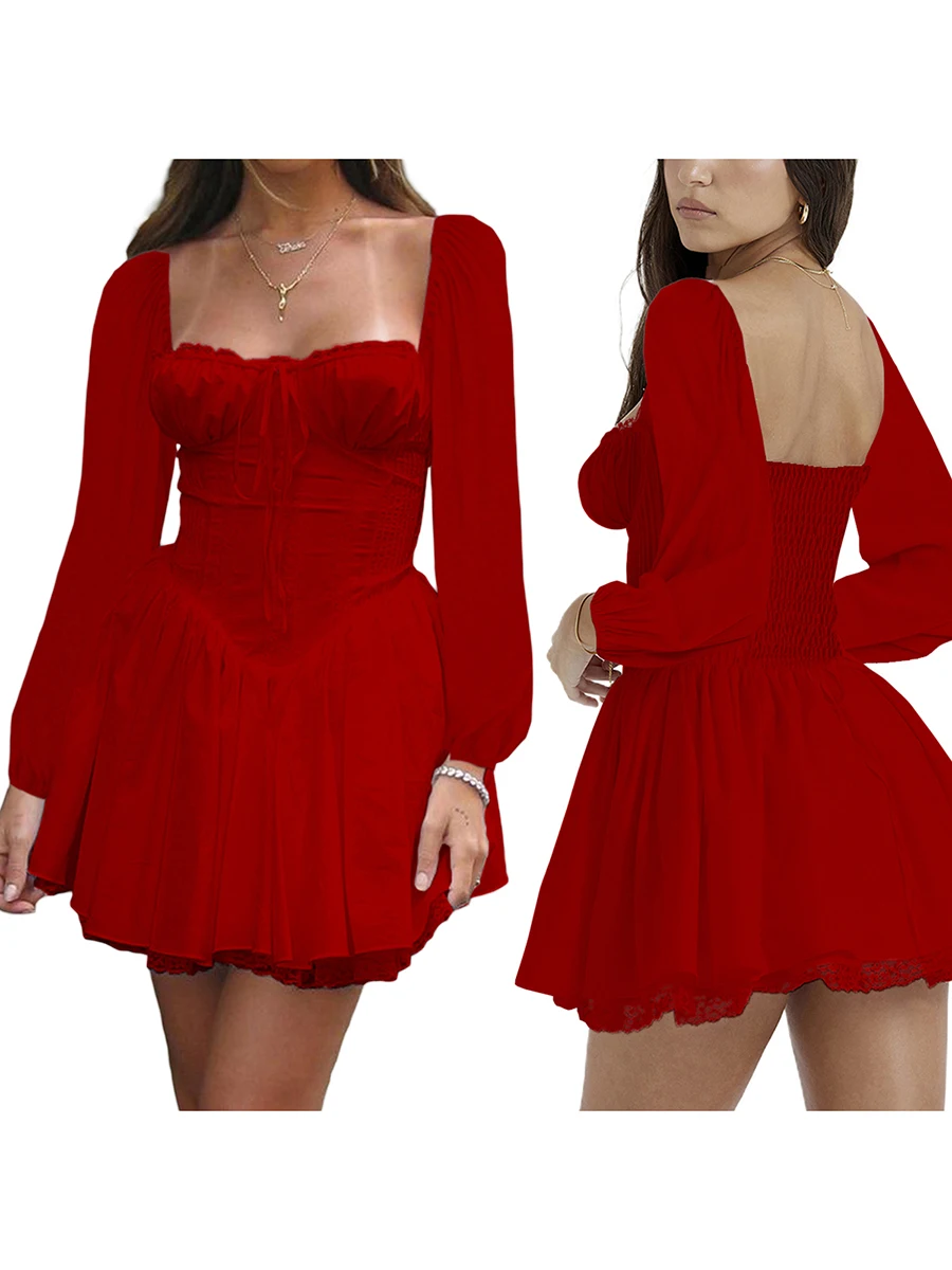 Mini Dress with Lace-Up Corsets Belt Flared Long Sleeve Vintage Floral A-Line Swing Dresses – Image 7