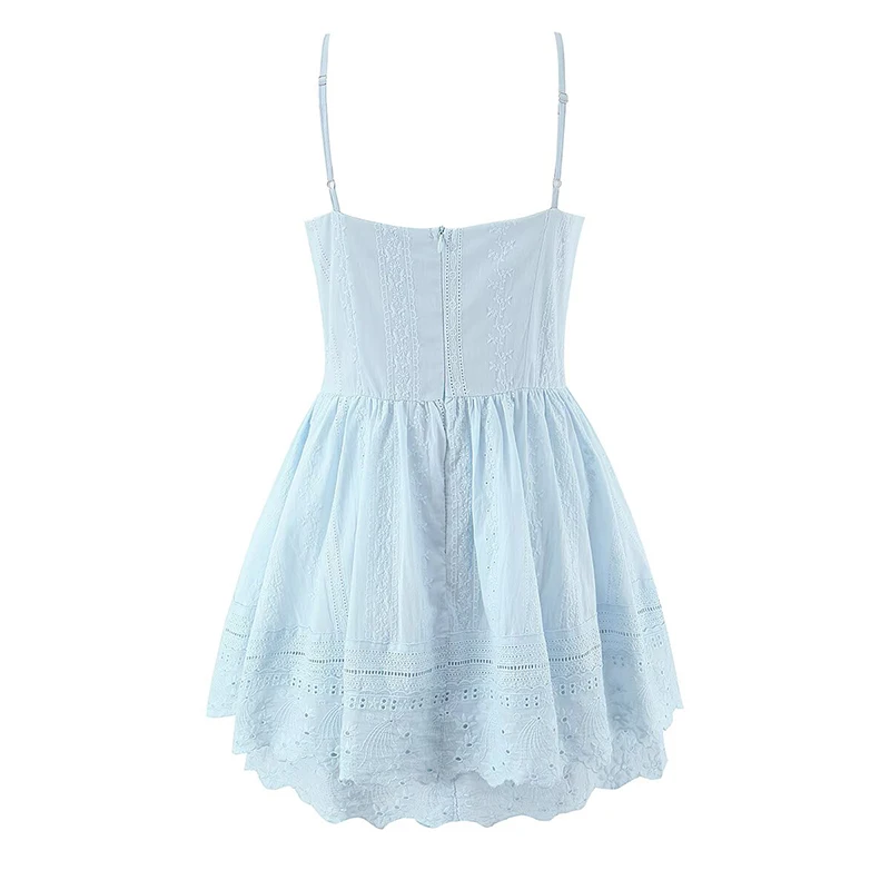 Sexy Pretty Girls Floral Embroidery Sling Mini Dresses Women Vacation Party Summer Dress Cotton White Blue Corset Sundress – Image 2