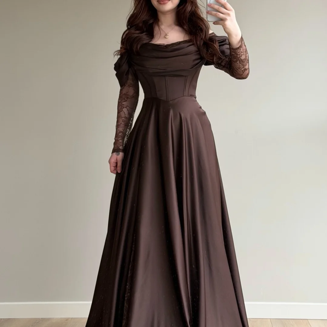 Brown Off Shoulder Prom Dress with Lace Long Sleeves, Satin Corset Bodice, Lace Overlay High Slit – Image 6
