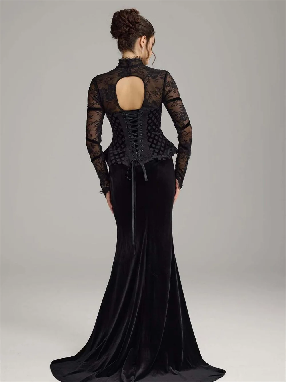 dress prom dress formal gown wedding guest dress Elegant Highneck Lace Long Sleeve Corset – Image 2