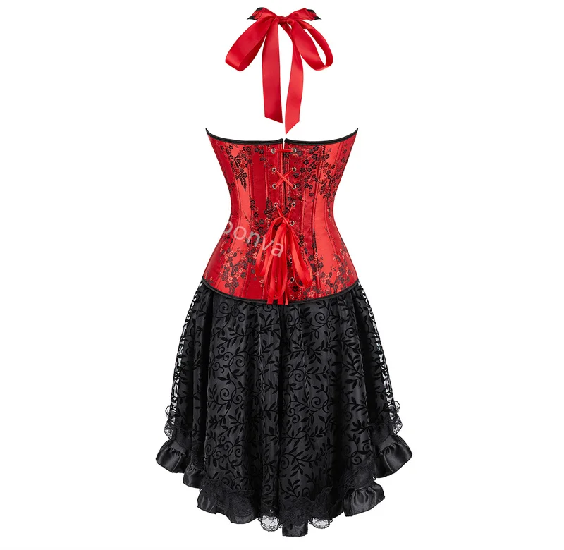 Black Corset Dress Women Tutu Skrit Set Halter Lace Costume Party Sexy Burlesque Halloween Ladies Basques Outfit Plus Size Red – Image 2
