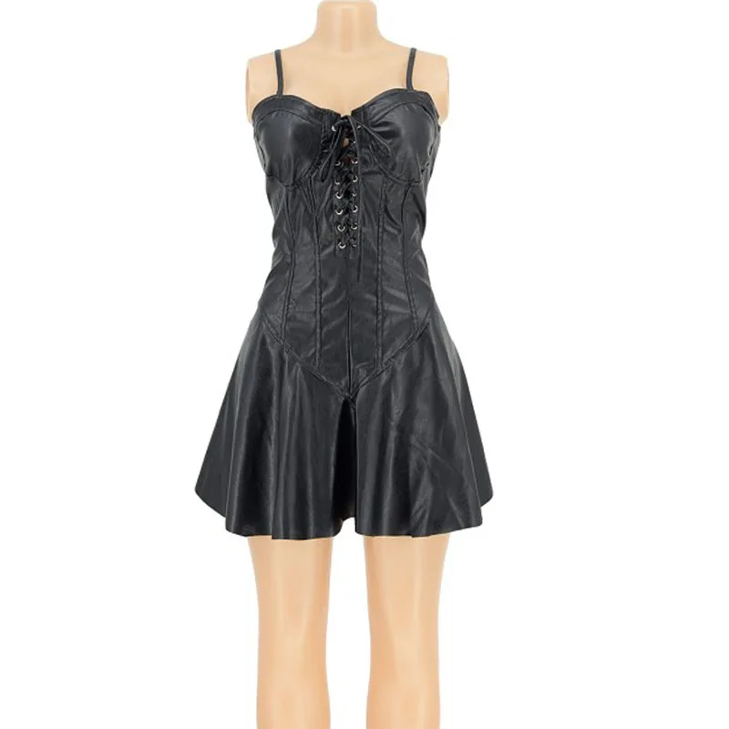 Sexy Spaghetti Strap Corset Lace-up PU Leather Dress Women Clothing Sleeveless – Image 7