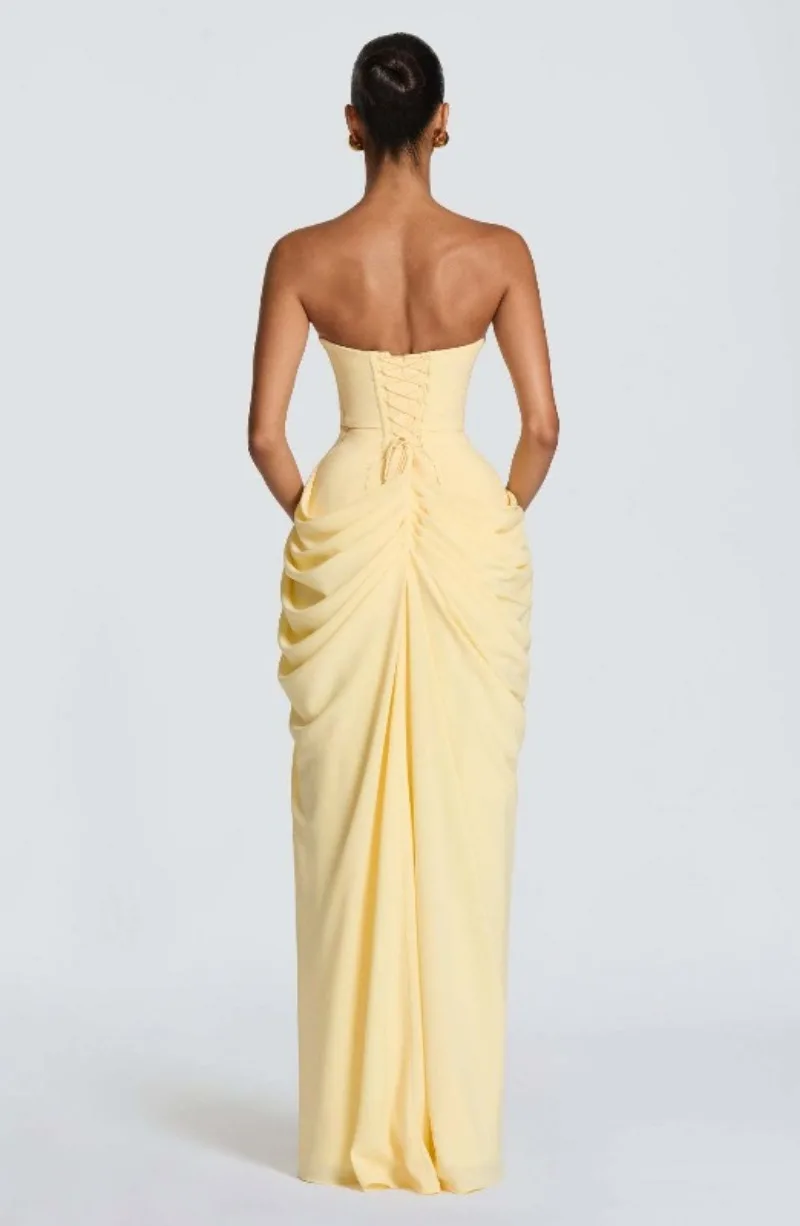 Strapless Maxi Robe Women Ruched Waist High Thigh Slit Chic Flowy Dress Romantic Party Fashion Unique Vestido New – Image 28