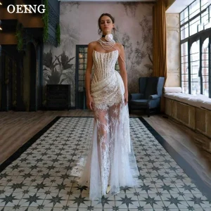 Lace Prom Dress Sexy Illusion Strapless Boned Corset Event Gowns Detachable Train Wedding