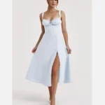 Sky blue Splice Lace Bow Ruched Chest Corset Style Sling Dress Cross Bandage Lacing Up Back Hem Slit Midi Robe Women