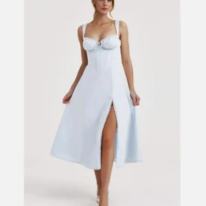 Sky blue Splice Lace Bow Ruched Chest Corset Style Sling Dress Cross Bandage Lacing Up Back Hem Slit Midi Robe Women