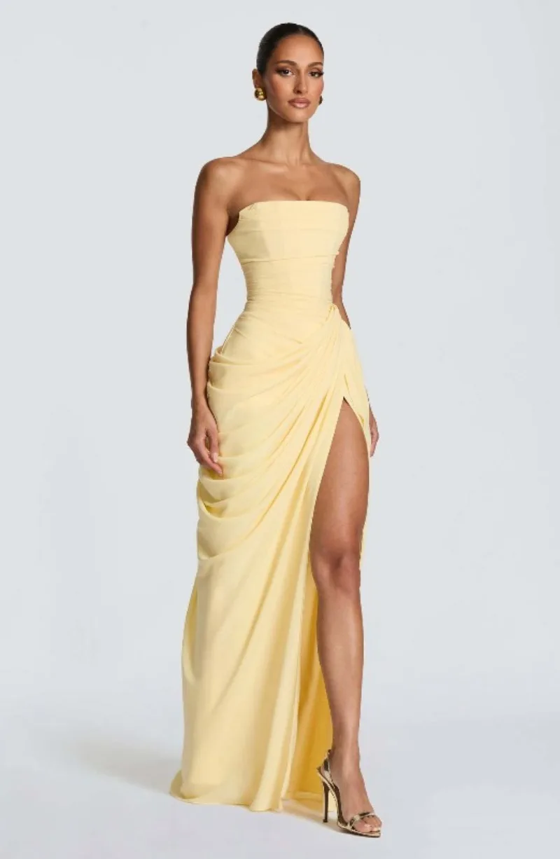 Strapless Maxi Robe Women Ruched Waist High Thigh Slit Chic Flowy Dress Romantic Party Fashion Unique Vestido New – Image 27