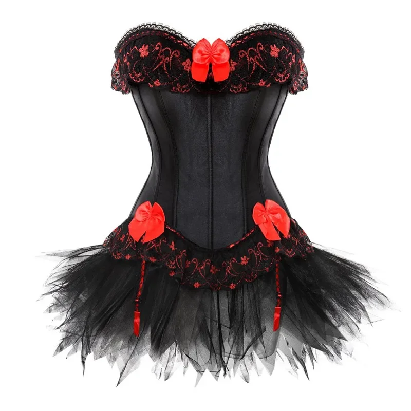 Corset Dress Gothic Overbust Women High Waist Skirts Sexy Lace Floral Bustier Corselet Plus Size Exotic Fashion Black Red