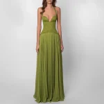 Sexy Low Cut Halter Maxi Dress Women Backless Pleated Patchwork Long Dresses