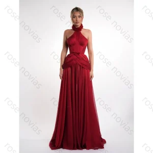 Customized Burgundy Chiffon Halter Evening Dress for Women 2026 Elegant Corset Ruched A-Line Maxi Prom Gown
