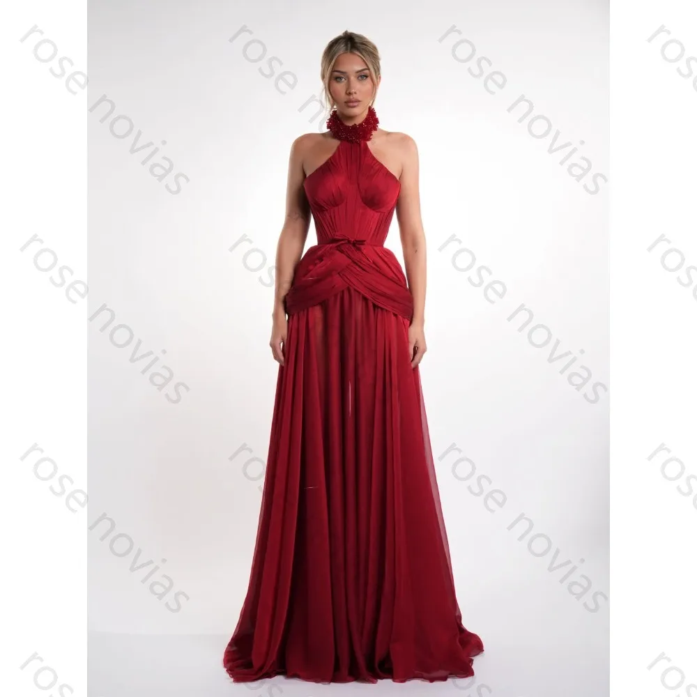 Customized Burgundy Chiffon Halter Evening Dress for Women 2026 Elegant Corset Ruched A-Line Maxi Prom Gown