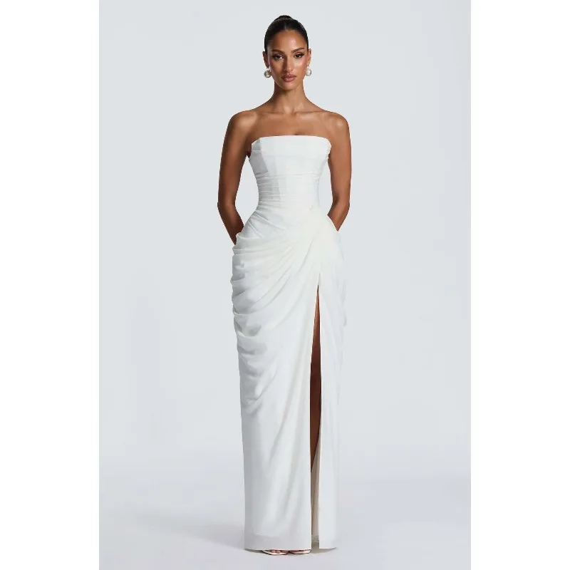 Strapless Maxi Robe Women Ruched Waist High Thigh Slit Chic Flowy Dress Romantic Party Fashion Unique Vestido New – Image 4