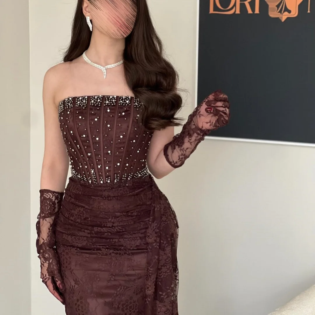 Burgundy Strapless Beaded Bustier robes de soirée Lace – Image 6