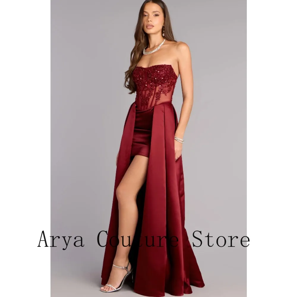 Burgundy Strapless Sequin Corset Gown – Mini Skirt Overlay Maxi Train Formal Dress for Prom, Gala & Wedding Events – Image 4