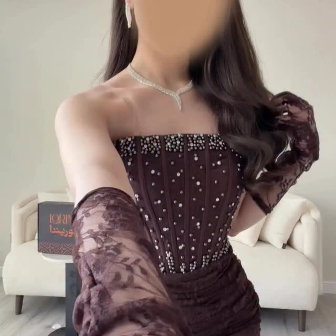 Burgundy Strapless Beaded Bustier robes de soirée Lace – Image 2