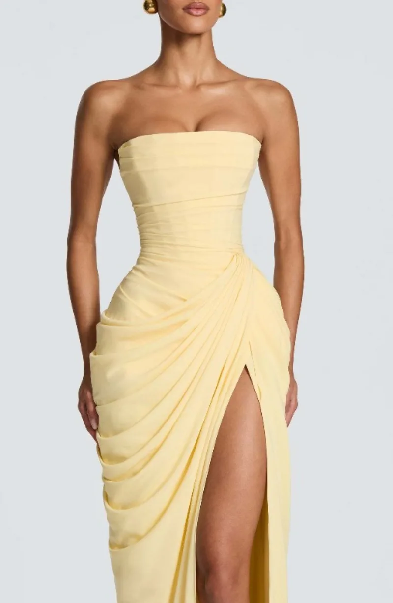 Strapless Maxi Robe Women Ruched Waist High Thigh Slit Chic Flowy Dress Romantic Party Fashion Unique Vestido New – Image 25