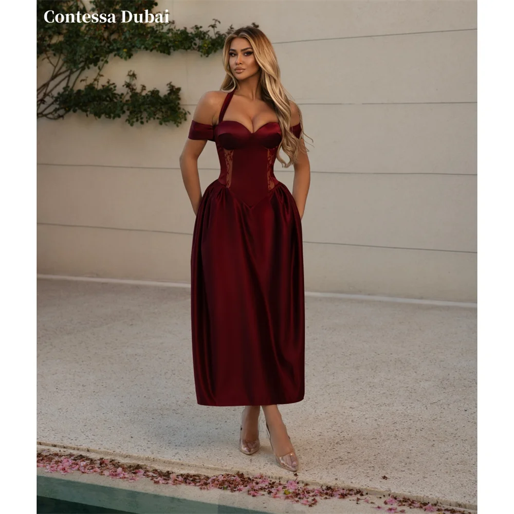 Burgundy Halter Evening Dress Off Shoulder Lace Prom Dresses Corset Vestidos De Noche A Line Formal Evening – Image 2