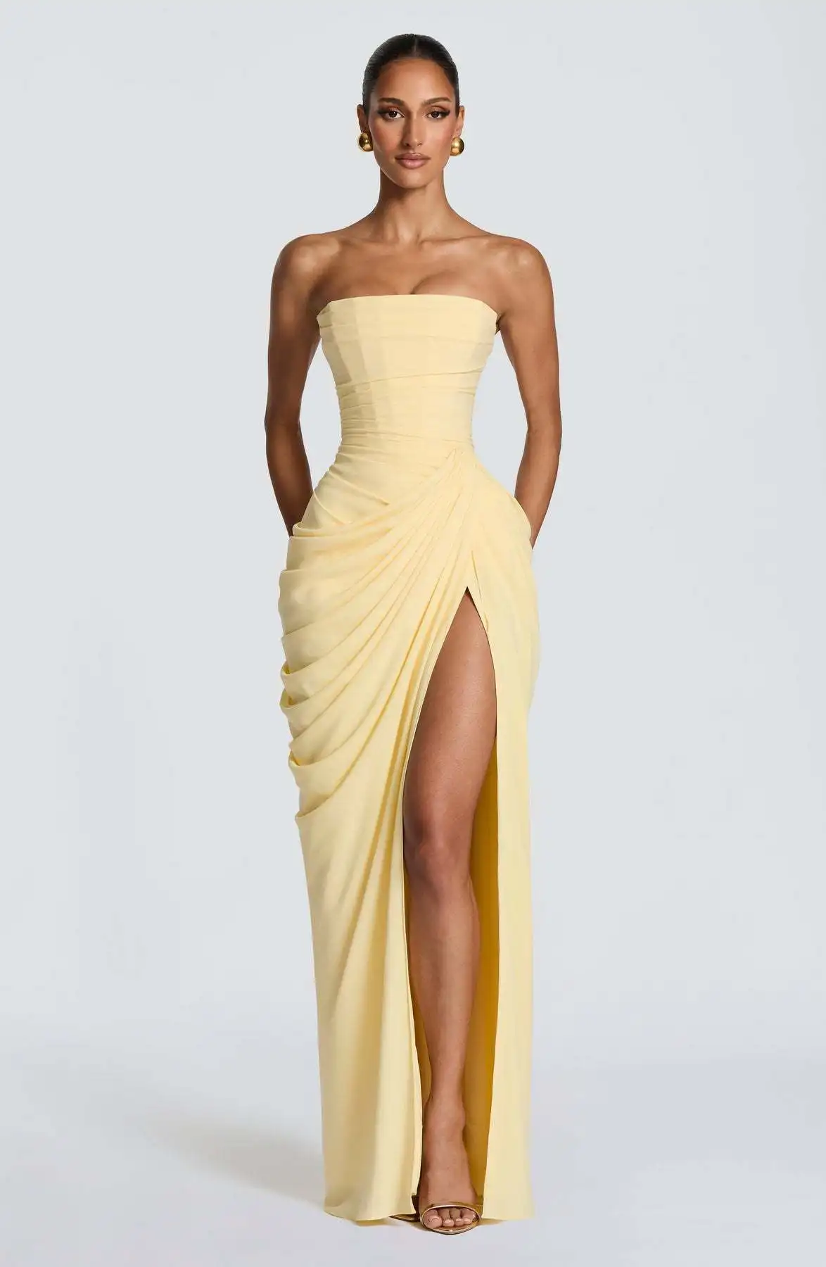 Strapless Maxi Robe Women Ruched Waist High Thigh Slit Chic Flowy Dress Romantic Party Fashion Unique Vestido New – Image 9